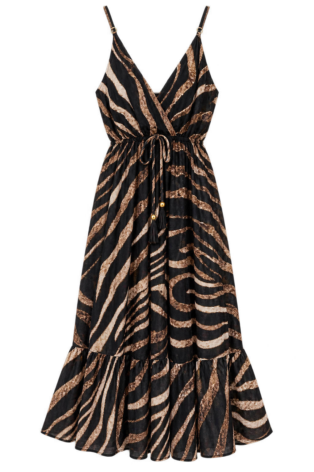 Front view of Black and Beige EU Tiger Pattern maxi dress