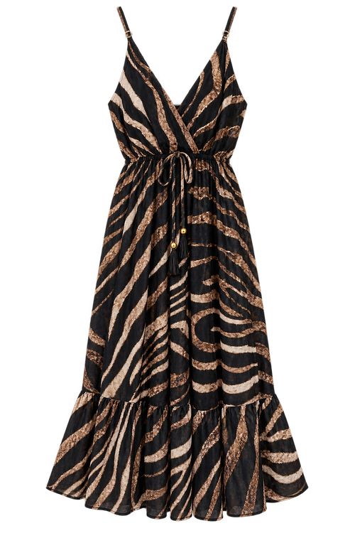 Front view of Black and Beige EU Tiger Pattern maxi dress