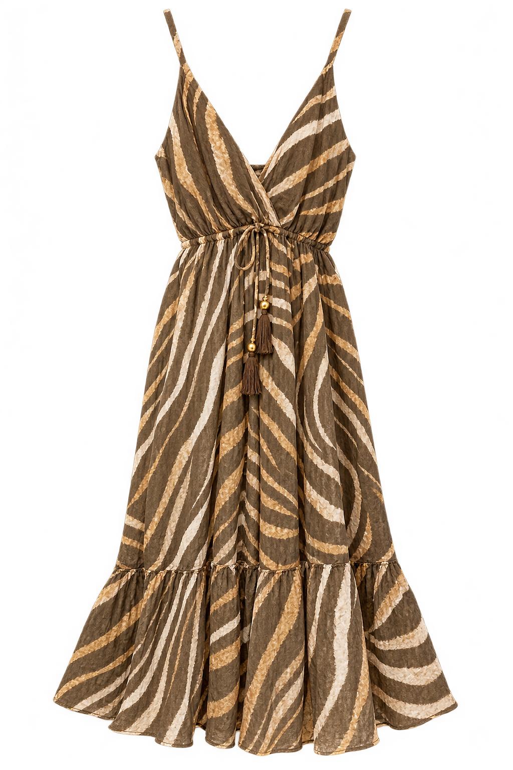 Front view of Brown and Beige EU Tiger Pattern maxi dress