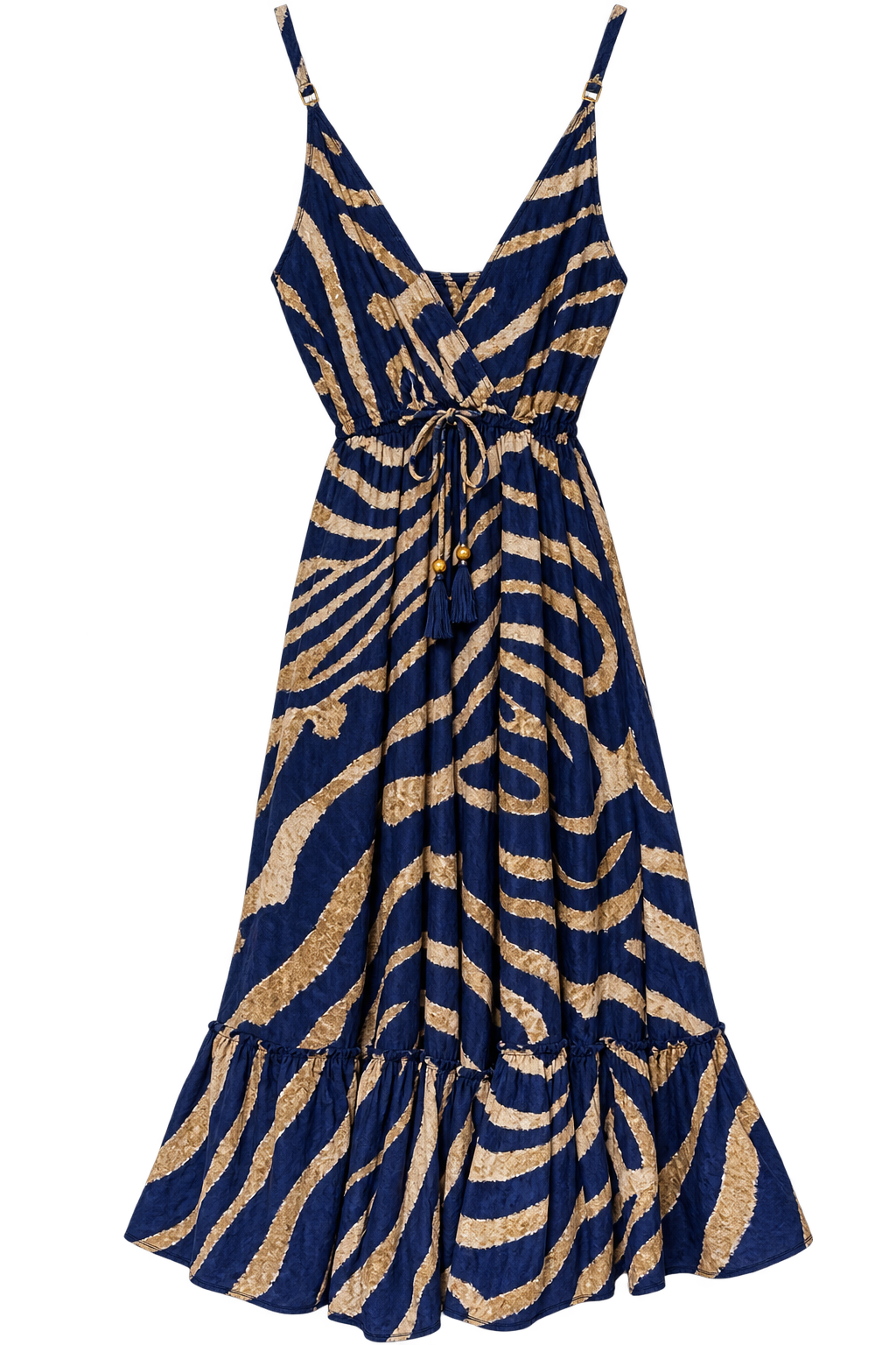 Front view of Navy Blue and Beige EU Tiger Pattern maxi dress