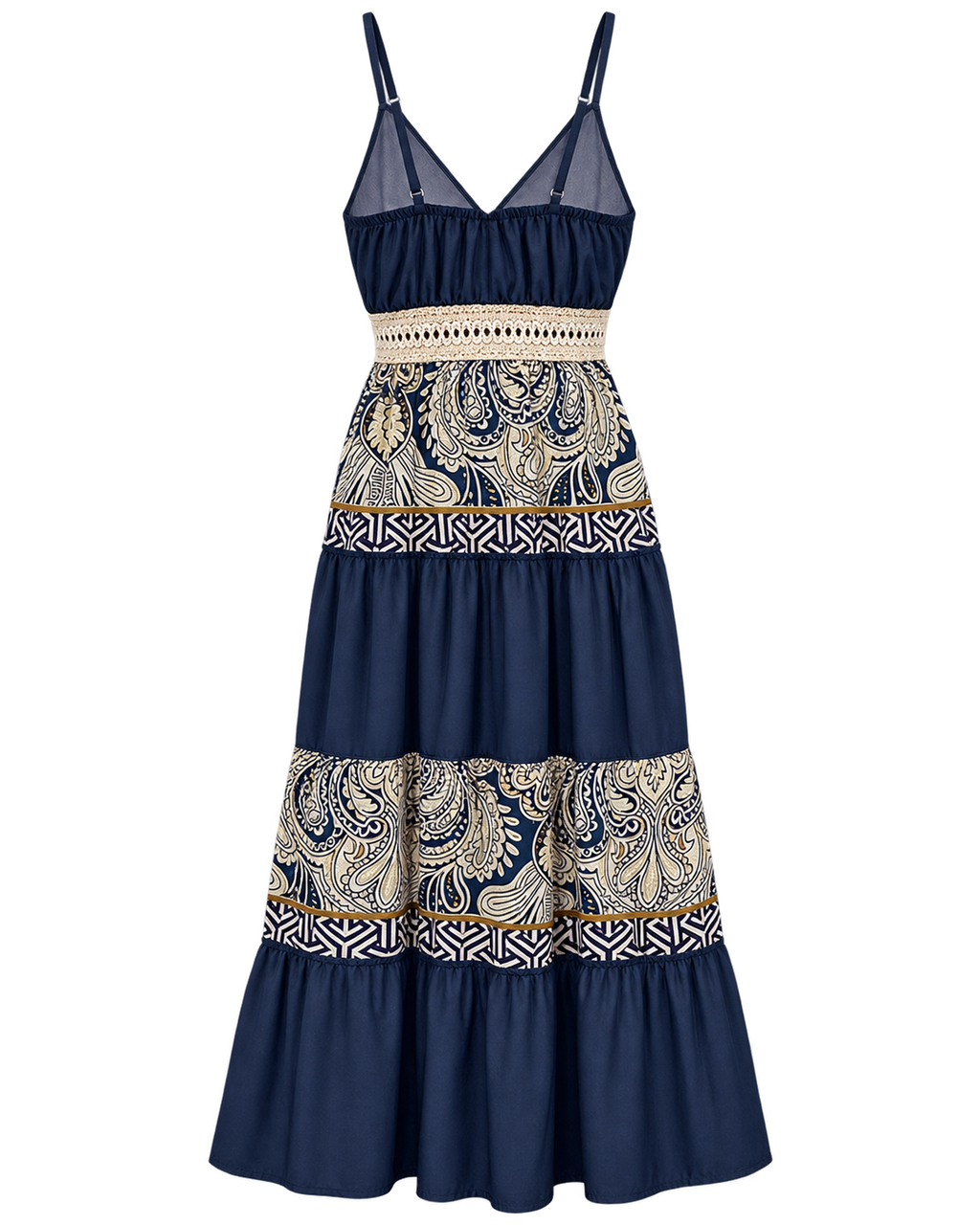 Back view of navy and cream tiered embroidered maxi dress