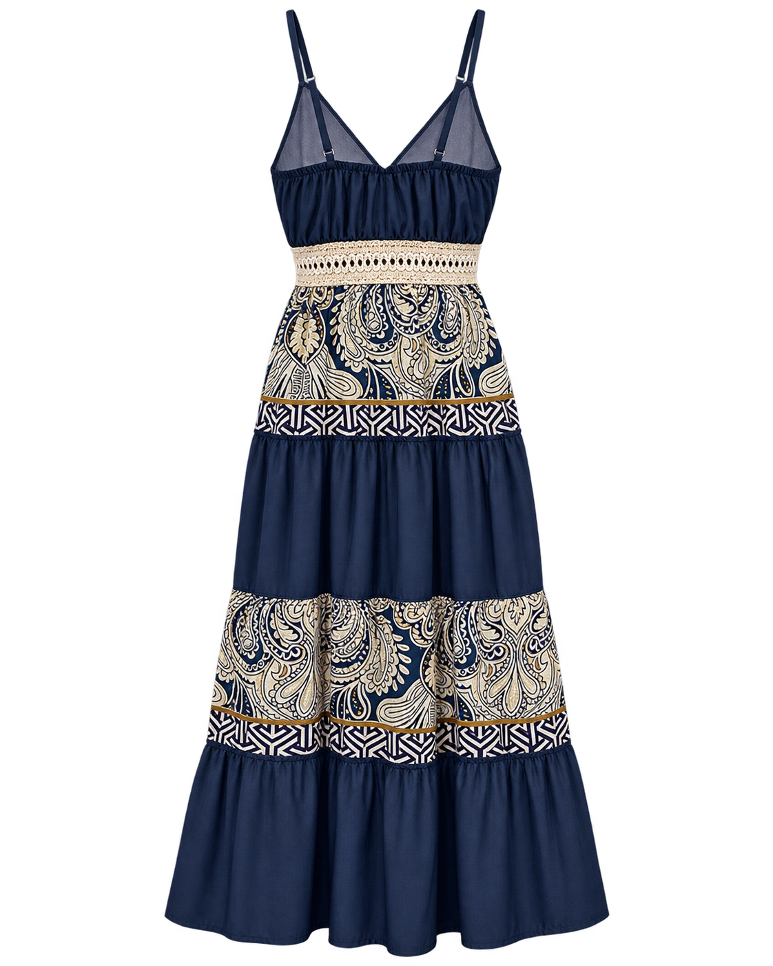 Back view of navy and cream tiered embroidered maxi dress