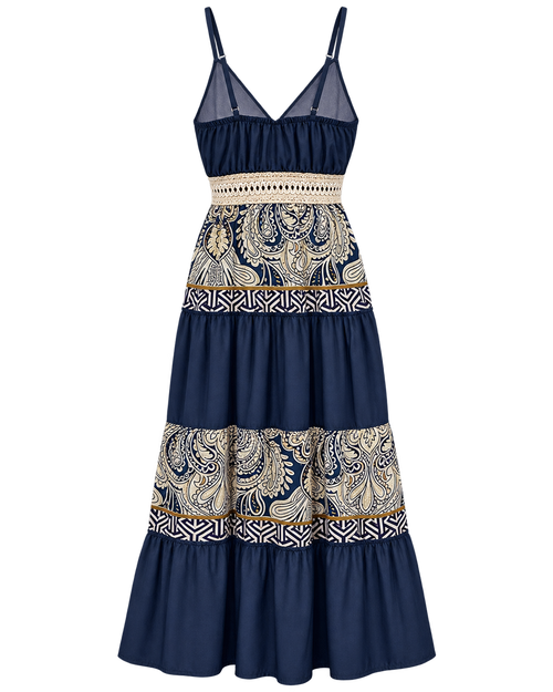 Back view of navy and cream tiered embroidered maxi dress