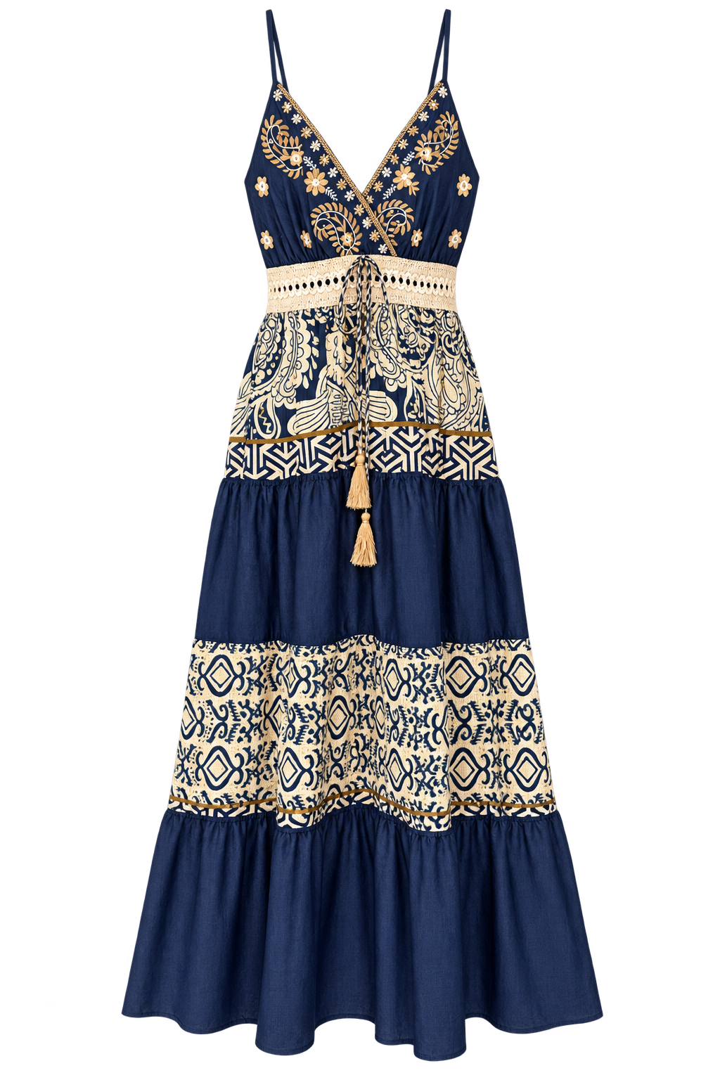 Front view of navy and cream tiered embroidered maxi dress