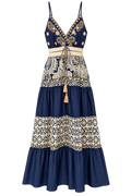 Front view of navy and cream tiered embroidered maxi dress