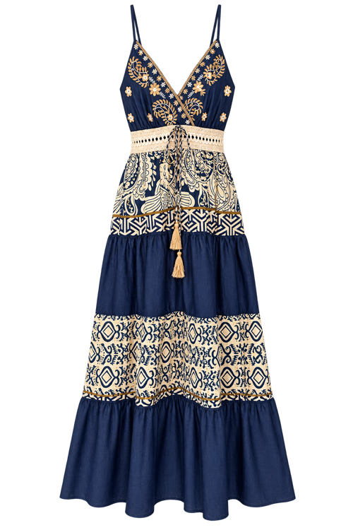 Front view of navy and cream tiered embroidered maxi dress