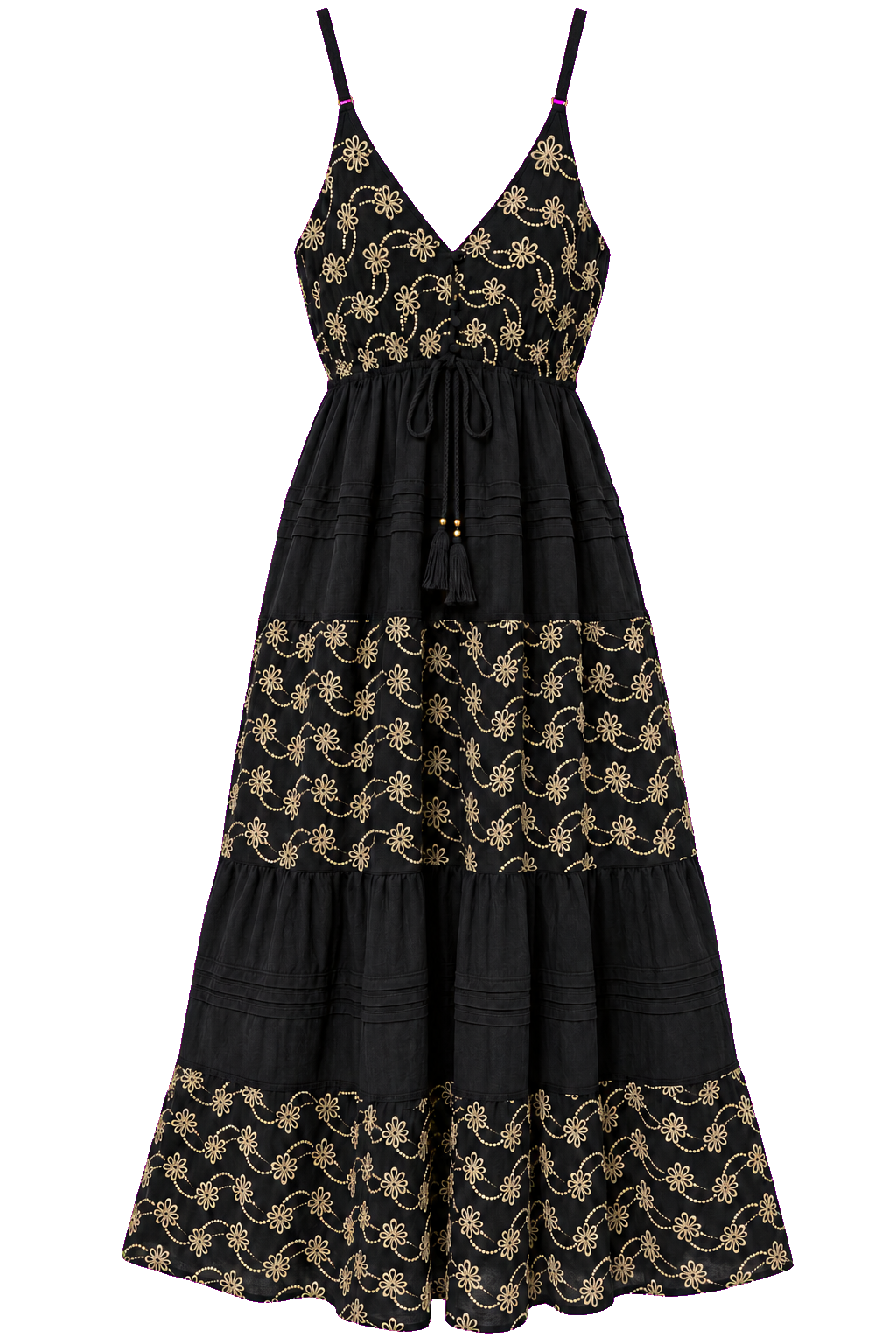 Gold Embroidered Organic Cotton Dress - Black