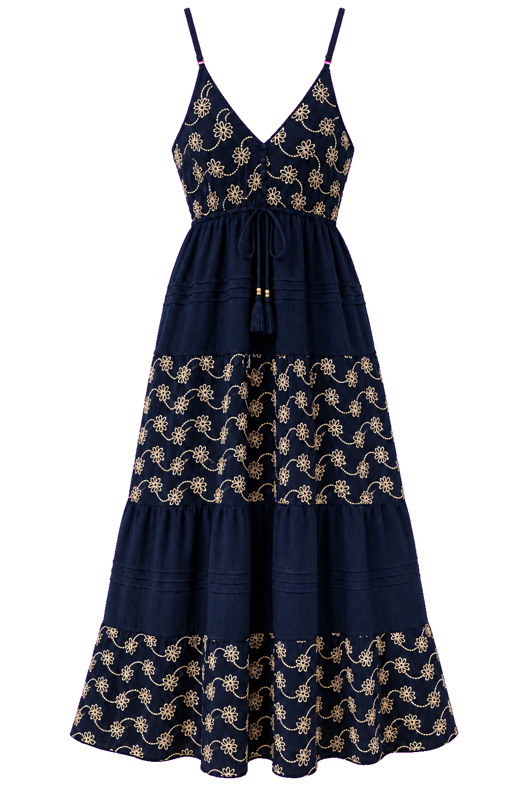 Gold Embroidered Organic Cotton Dress - Navy