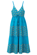 Gold Embroidered Organic Cotton Dress - Turquoise