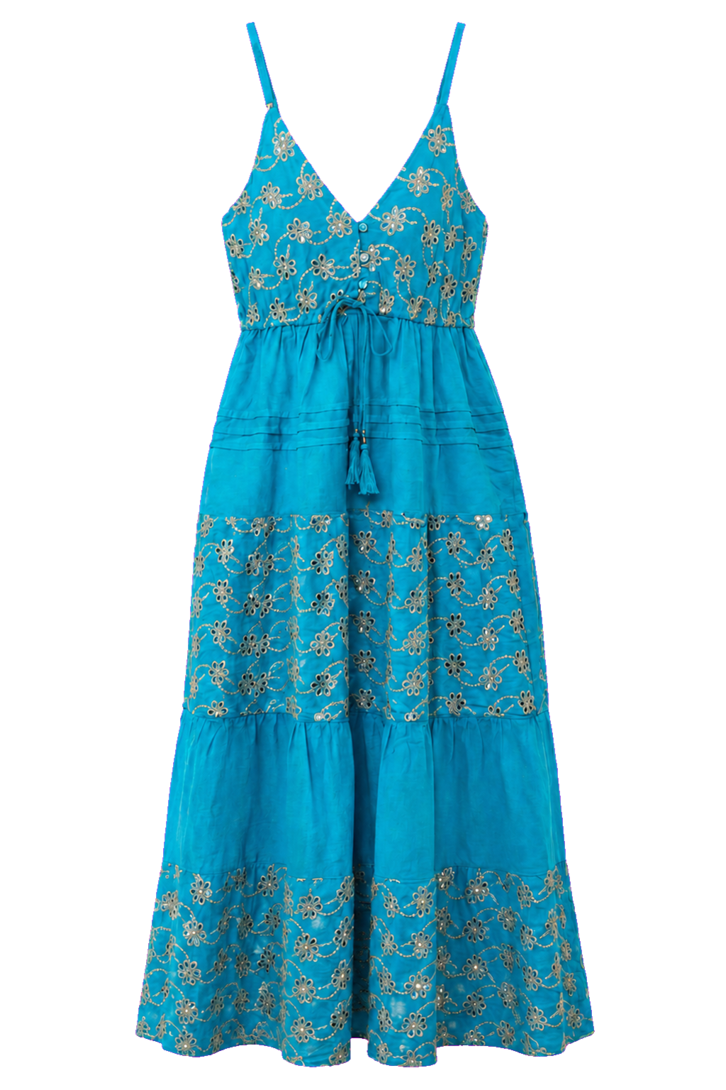 Gold Embroidered Organic Cotton Dress - Turquoise