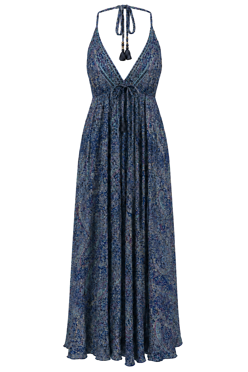 ANS63 EU Paisley Low-Back Dress in Deep Blue, transparent front view
