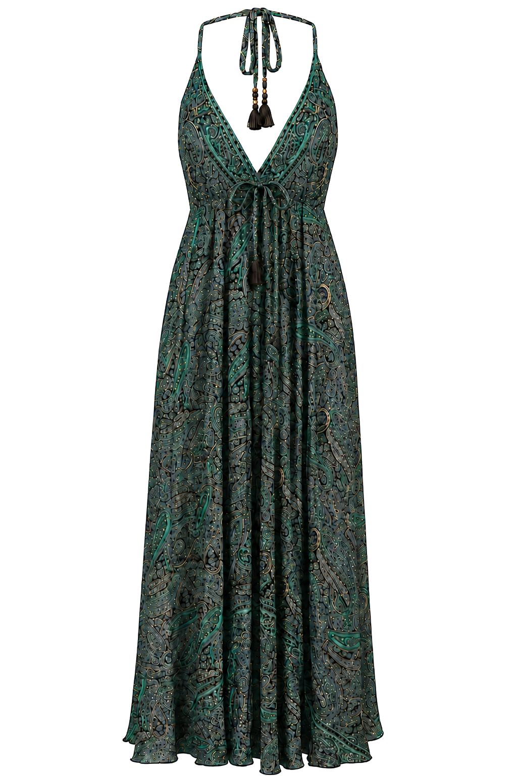 ANS63 EU Paisley Low-Back Dress in Deep Green, transparent front view