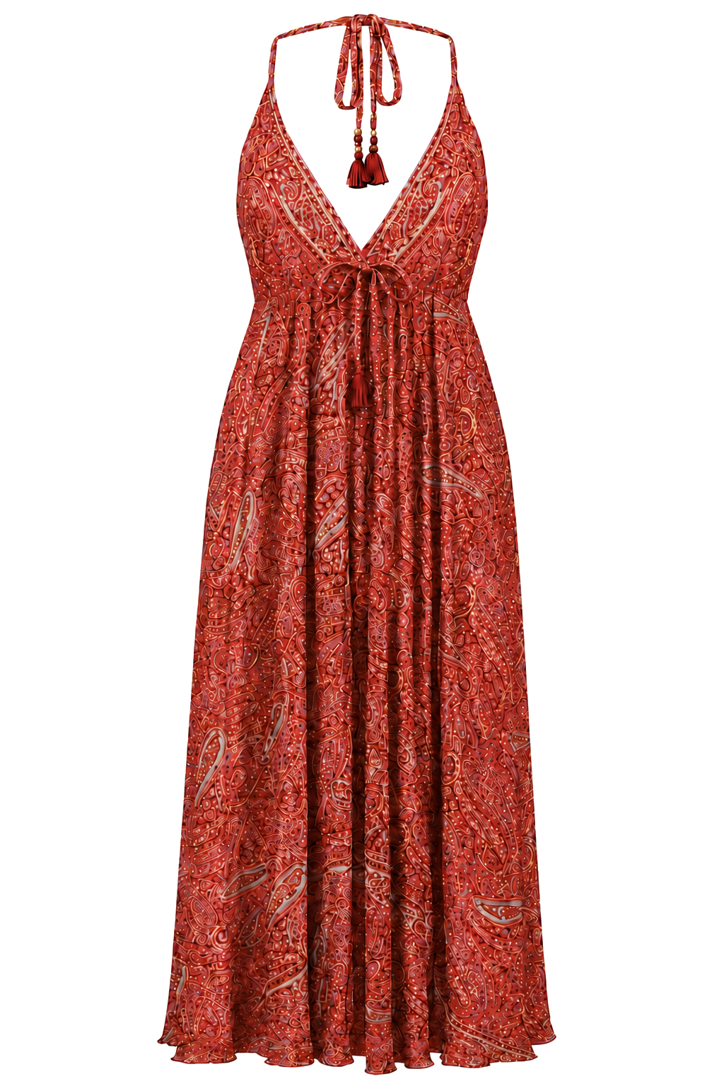 ANS63 EU Paisley Low-Back Dress in Deep Orange, transparent front view