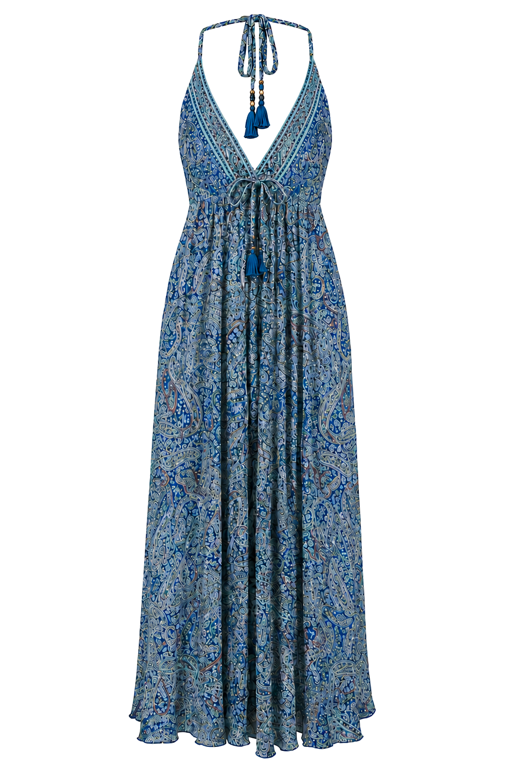 ANS63 EU Paisley Low-Back Dress in Ocean Blue, transparent front view