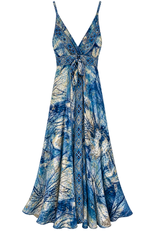 EU Nautical Maxi Dress Blue & Beige front view