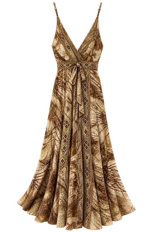 EU Nautical Maxi Dress Brown & Beige front view