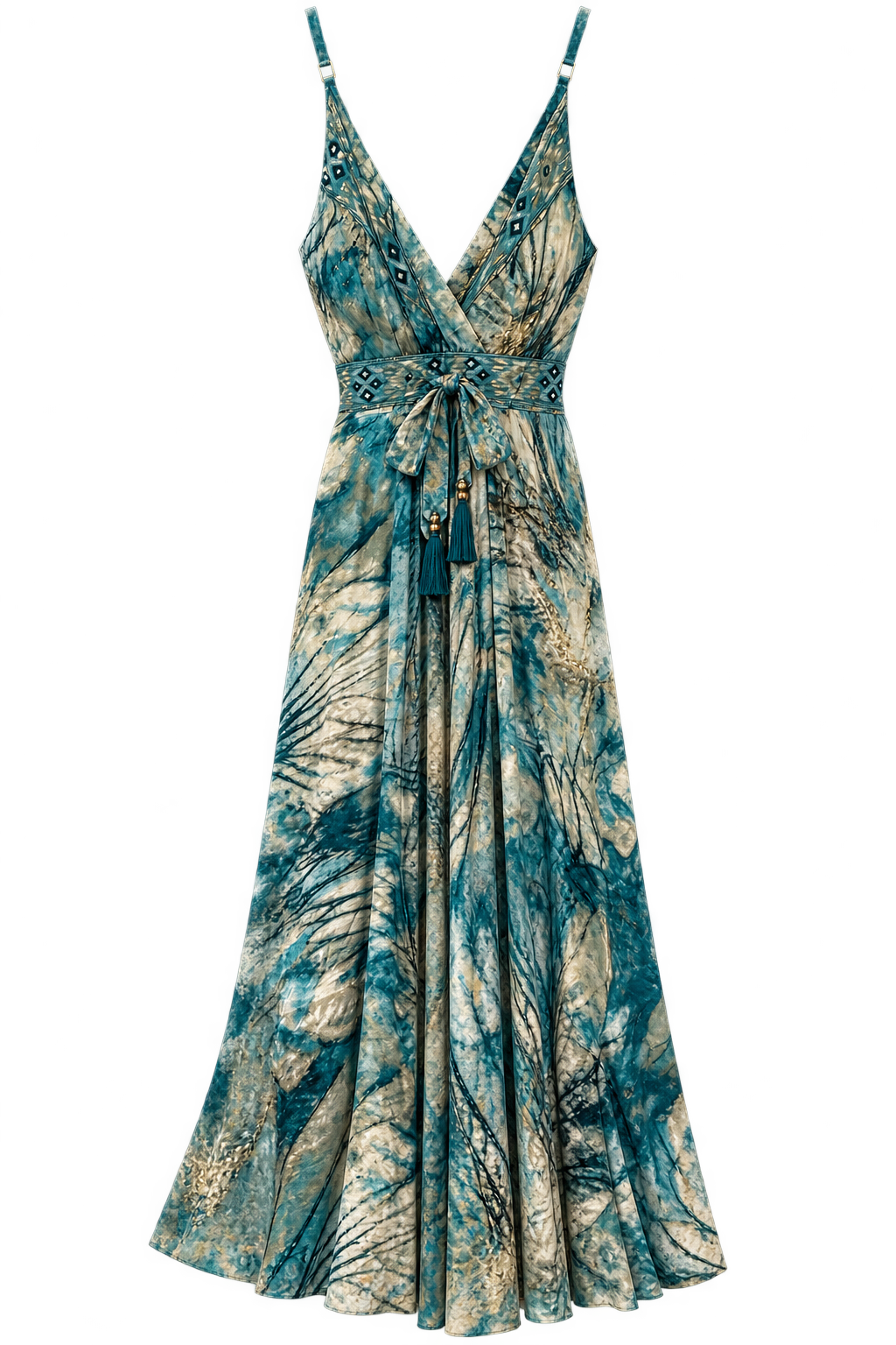 EU Nautical Maxi Dress - Teal & Beige front view