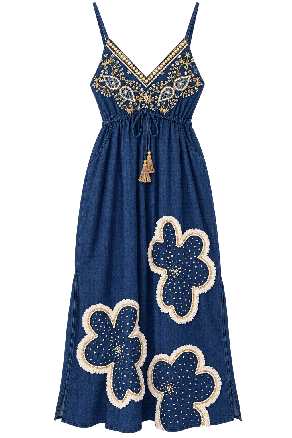Denim Flower Maxi Dress front view