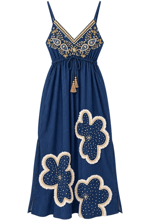Denim Flower Maxi Dress front view